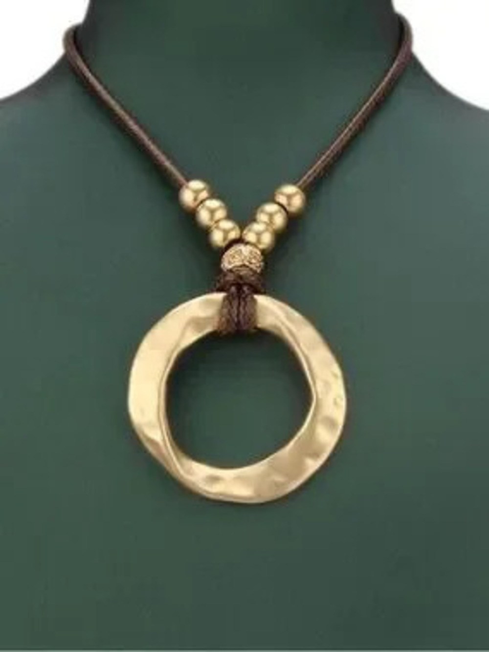 Anthropologie Gold Hammered Ring Pendant Necklace on Brown Cord